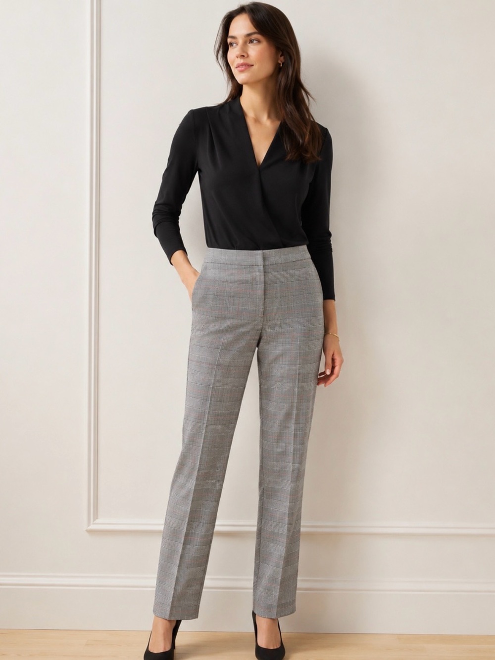 Talbots Black Top with Gray Plaid size 6 suit Trousers/Pants